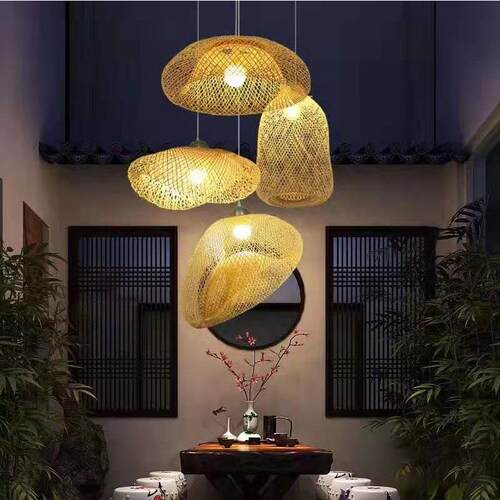 河东区罗庄区兰山区茶室灯具禅意草帽灯民宿装饰手工编织竹藤灯笼
