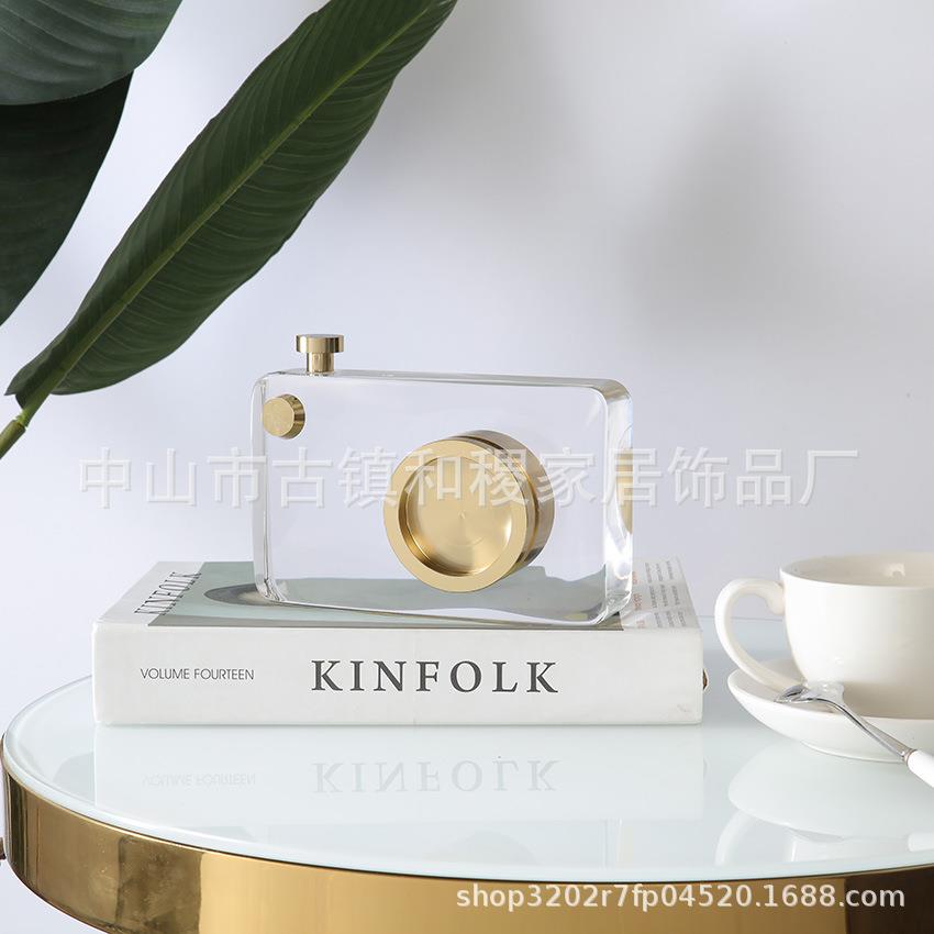 现代轻奢摆件水晶相机摆件金属工艺品样板间房间客厅桌面摆设饰品