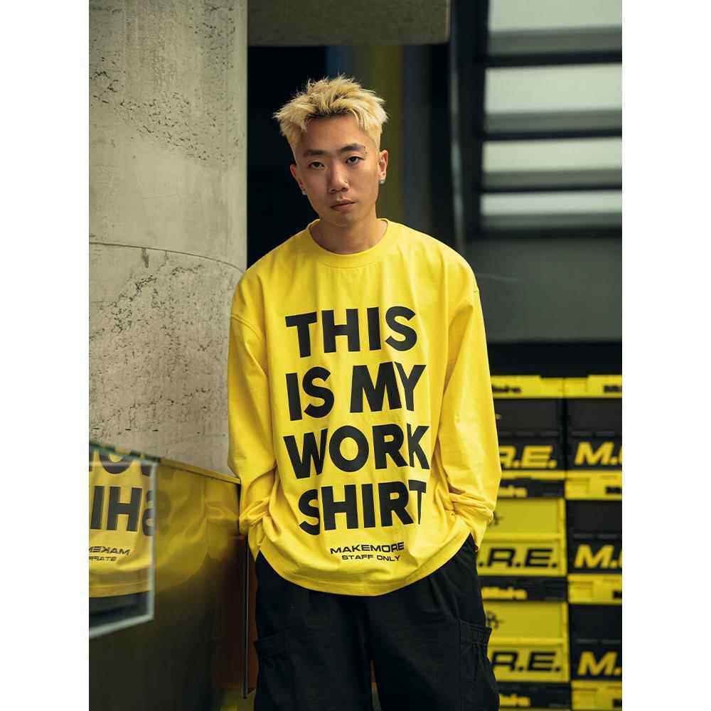 Makemore长袖T恤男秋季WORK印花黄色纯棉美式覆古宽松情侣上衣女