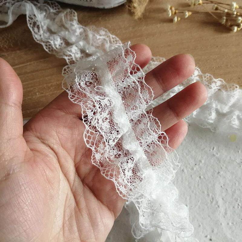 4CM宽白色双层弹力蕾丝花边褶皱松紧服装装饰袖口娃衣手工diy辅料