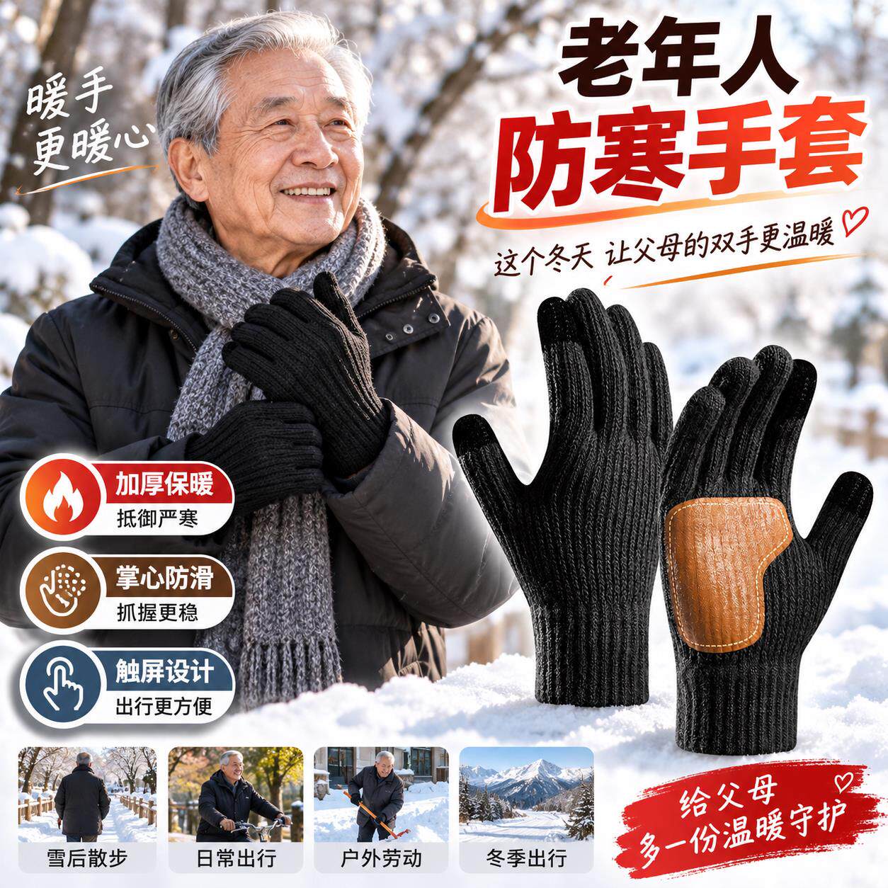 老年人保暖针织手套加绒秋冬季北方防寒防冻男士妈妈爷爷80岁奶奶
