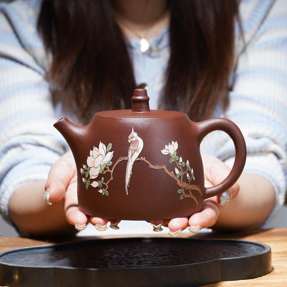 宜兴郑小芳手工紫砂壶紫泥彩绘汉铎壶大茶壶新中式家用泡茶具