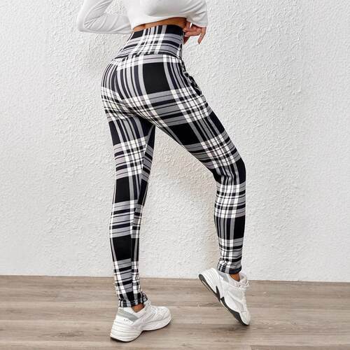 Women Winter Waist Plaid Fleece Lined Pants Elastic Warm
