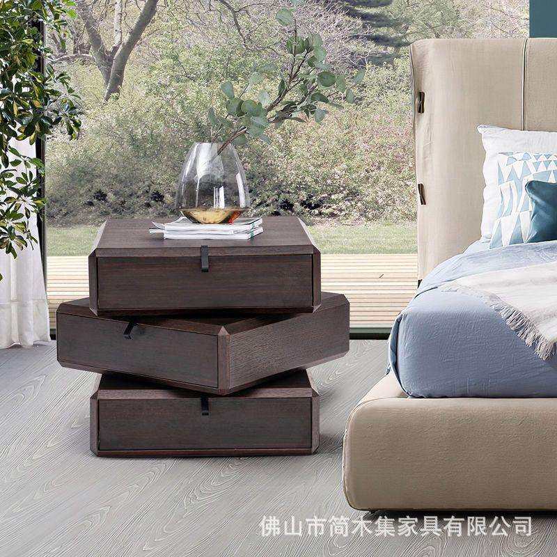 现代简约旋转床头柜卧室创意床边柜轻奢设计师木纹意式极简储物柜