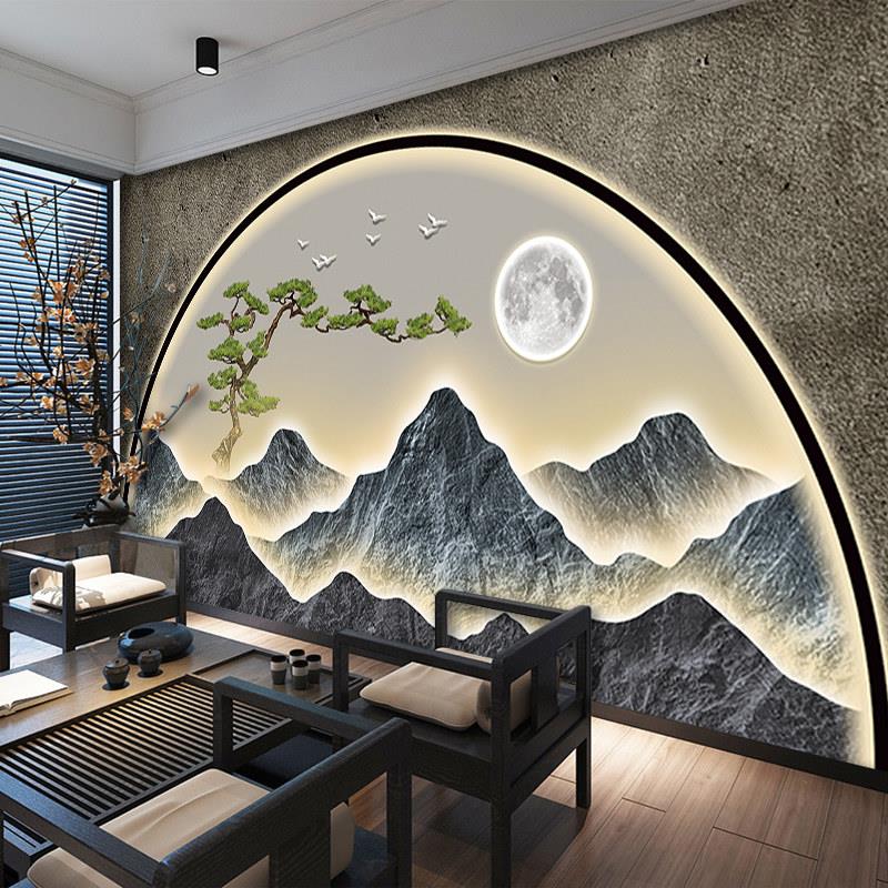 3D新中式轻奢茶室背景墙布大气背有靠山水客厅墙纸书房办公室壁纸