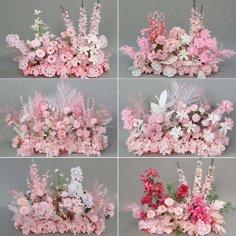 粉色地板插花人造花婚礼插花完成道路引导花悬挂花婚礼现场布置舞