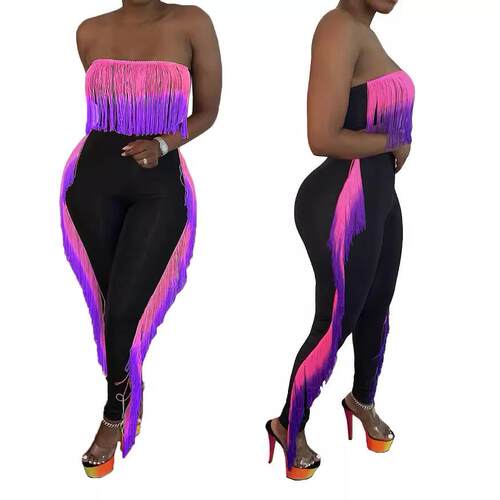 Women's backless gradient tassel strapless two