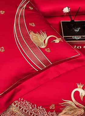中式婚庆6天0支套长绒棉鹅JUG龙凤刺绣四件套全棉被大红色陪嫁床