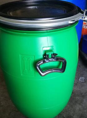 加厚60L黑色法兰桶化工塑料桶密封桶废液泔水桶圆形抱箍桶带盖