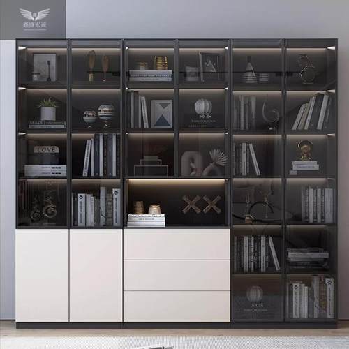 客家用厅储物柜轻实奢木书柜玻璃XLD门合展示柜一体整墙组防尘收