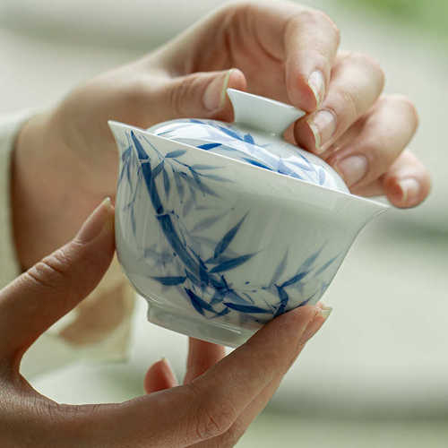 弥言白瓷青花手绘竹子盖碗纯手工陶瓷泡茶碗茶杯家用敬茶碗茶艺碗