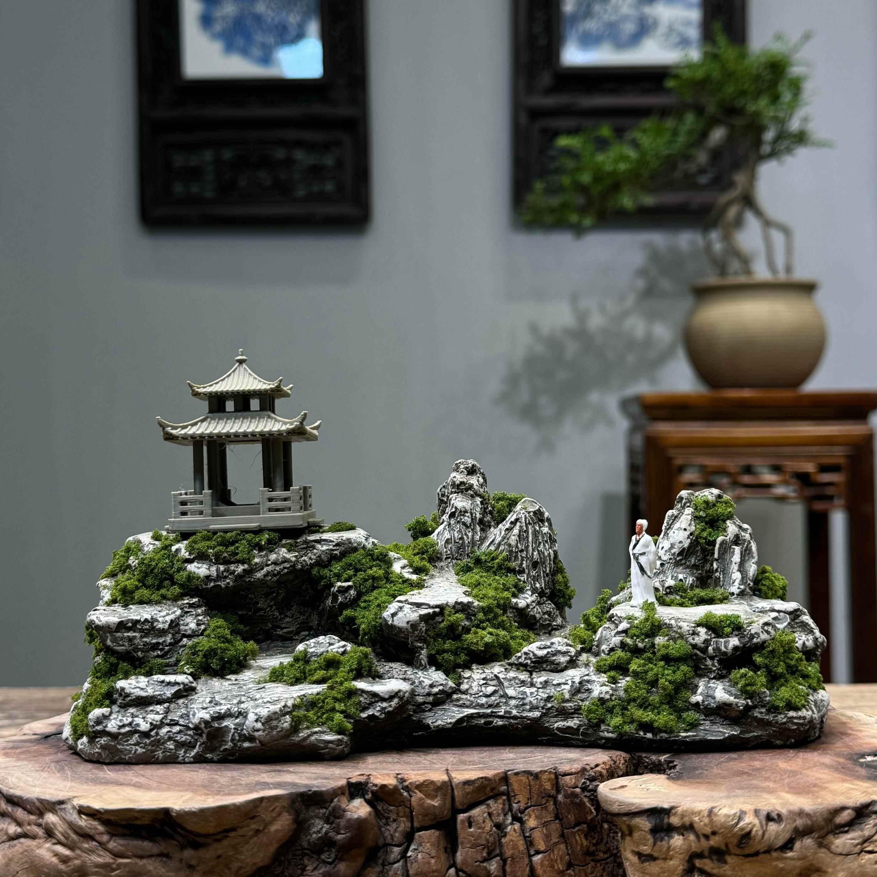 新中式覆古风格春山远望桌面假山庭院博古架书房微景观装饰造景