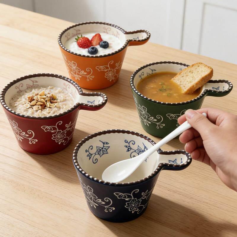 日本碗家用一人一个陶瓷珠点手柄酱料碗早餐杯烘焙蒸煮烤碗牛奶蛋