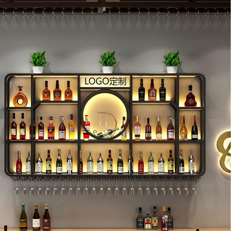 酒吧吧台酒柜壁挂餐厅墙上铁艺带灯展示架工业风酒架置物架轻奢风