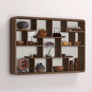 7W实木中式圆形鸡翅纹小博古架挂墙上多宝阁壁挂式置物架古董摆件