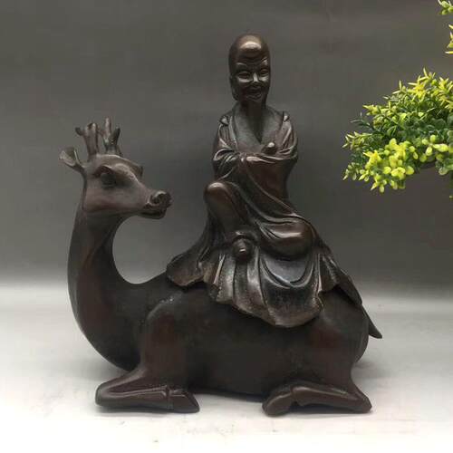 古玩杂项仿古做旧紫铜骑鹿寿星铜器摆件家居客厅装饰品祝寿礼品