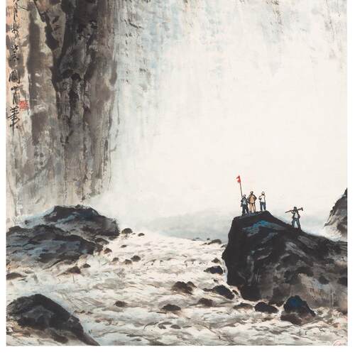 中式山水挂画玄关装饰画流水风景走廊壁画客厅瀑布墙画家居