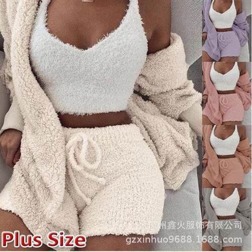 Women's Plush Home Clothes, Pajamas, Long Sleeves, Shorts,