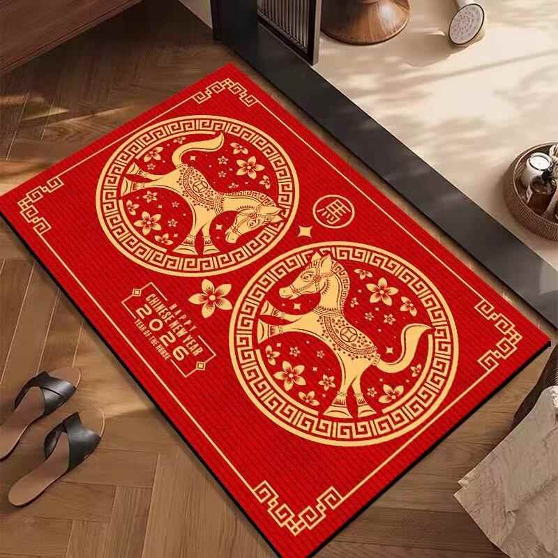 卡通新中式马年好寓意家用入户门垫红色玄关脚踩垫水晶绒地垫