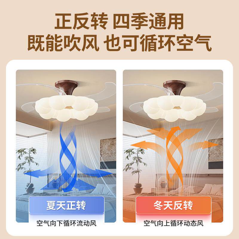 卧室隐形风扇灯中古奶油客厅餐厅全光谱电风扇吊灯一体吊扇灯412L