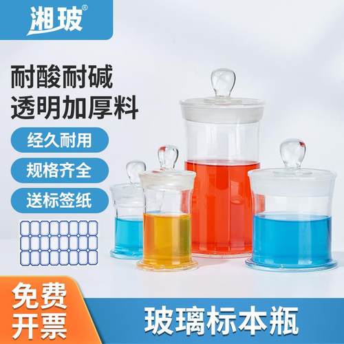 湘玻玻璃标本瓶磨砂口加厚广口瓶透明样品瓶实验室密封样品标本瓶