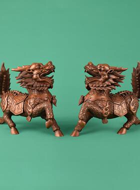 紫铜火麒麟摆件吉祥工艺品家居办公室装饰品开业店铺摆放