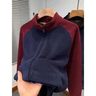 重磅奥粒绒外套男款秋冬季加绒加厚拼色插肩袖保暖立领开衫卫衣男