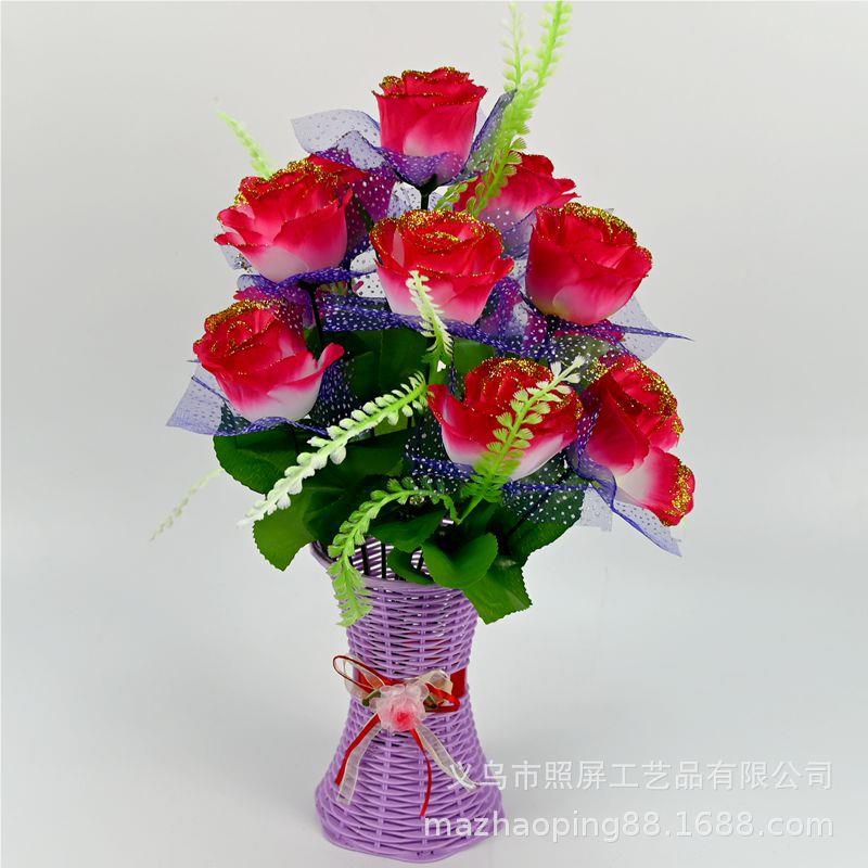 照屏仿真花纱塑料花金边玫头瑰花12孔雀玫假带zQyU5Kep花仿瑰真工
