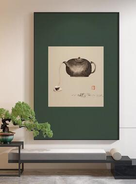 新中式装饰画绿色禅意茶杯书房茶室客厅玄关壁画轻奢竖版民俗挂画