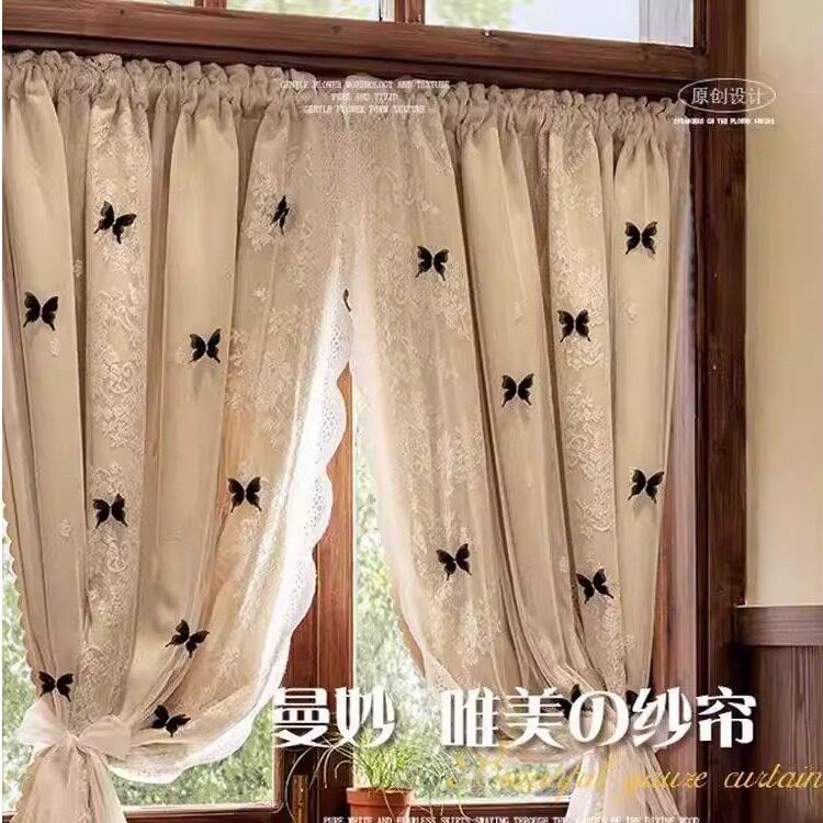日本双层遮光卧室窗帘纱布公主风法式奶茶色ins蝴蝶网红蕾丝门帘
