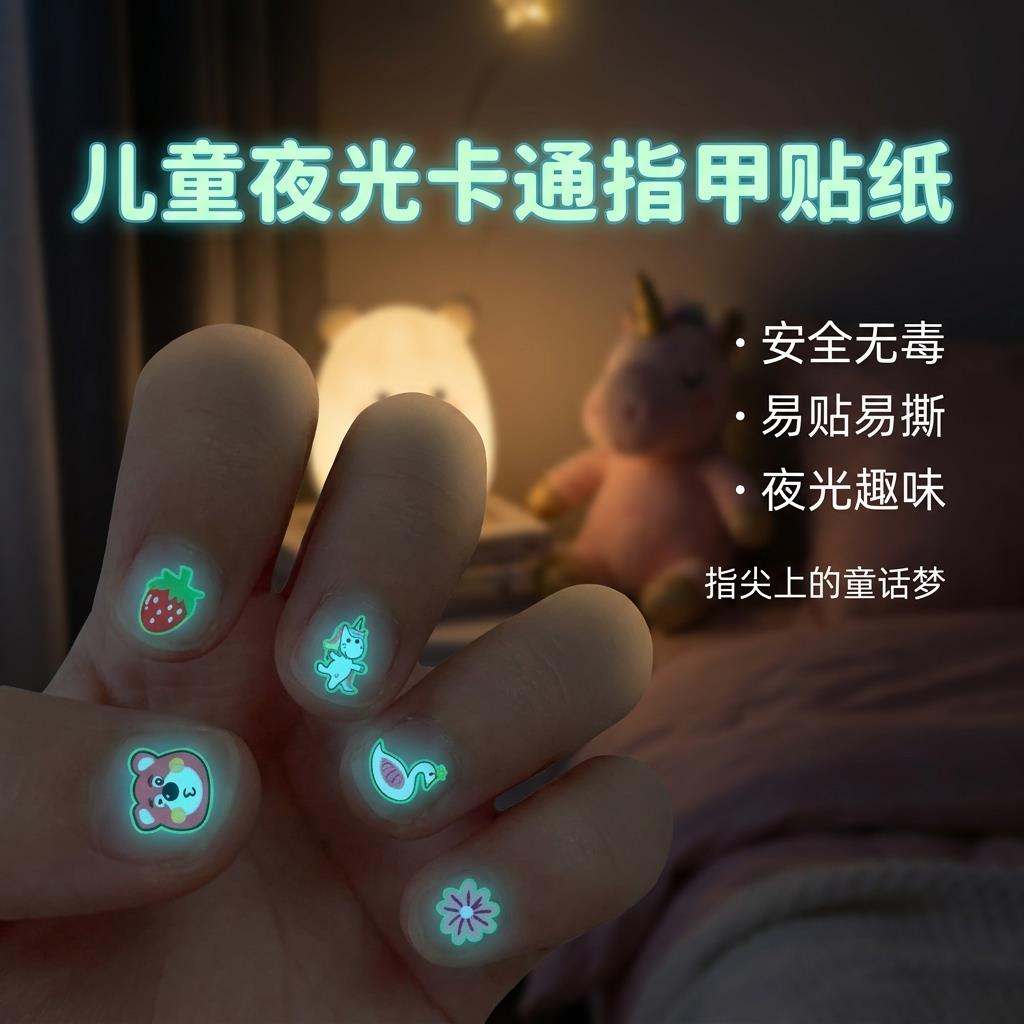 小女孩美甲贴可爱卡通图案夜光指甲贴儿童美甲贴片防水贴纸字母
