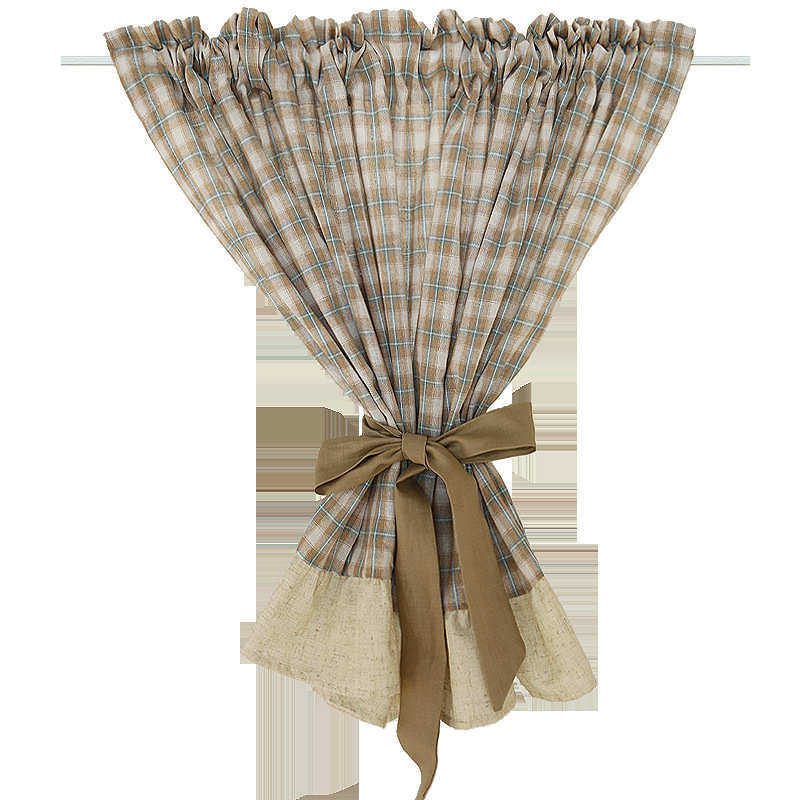 卡其棉麻打孔门帘挂钩半免美式麻布格子帘乡村