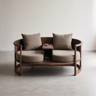 新中式 美学双人沙发实木连身椅布艺贵妃榻 北美黑胡桃木罗汉床宋式