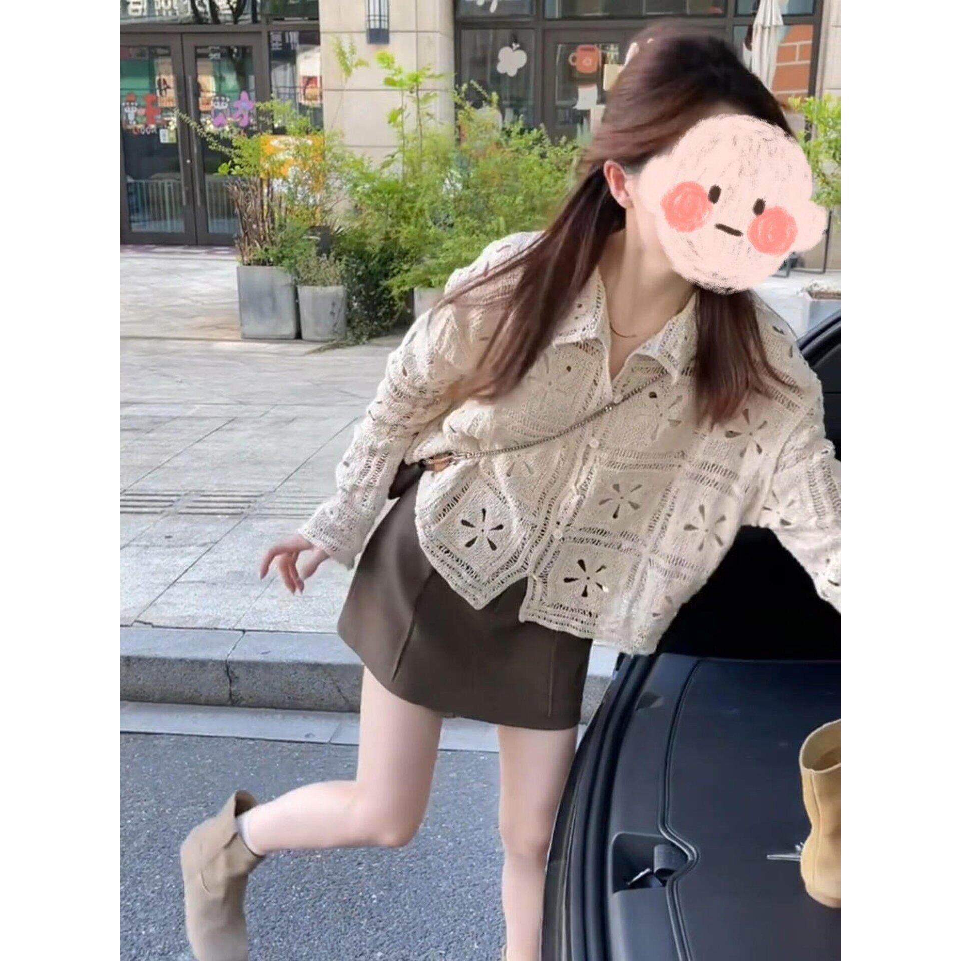 韩系镂空钩花针织衬衫女春秋港风穿搭独特超好看开衫上衣长袖衬衣