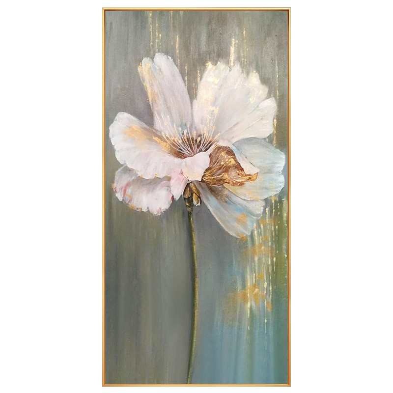 壁画床头玄关装饰画轻花卉卧室手绘大气奢竖版油画入户别墅芙蓉花