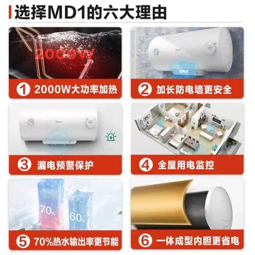 Mi.dea/美.的电热水器50L升速热防漏电家用节能省电F50-A20MD1(HI
