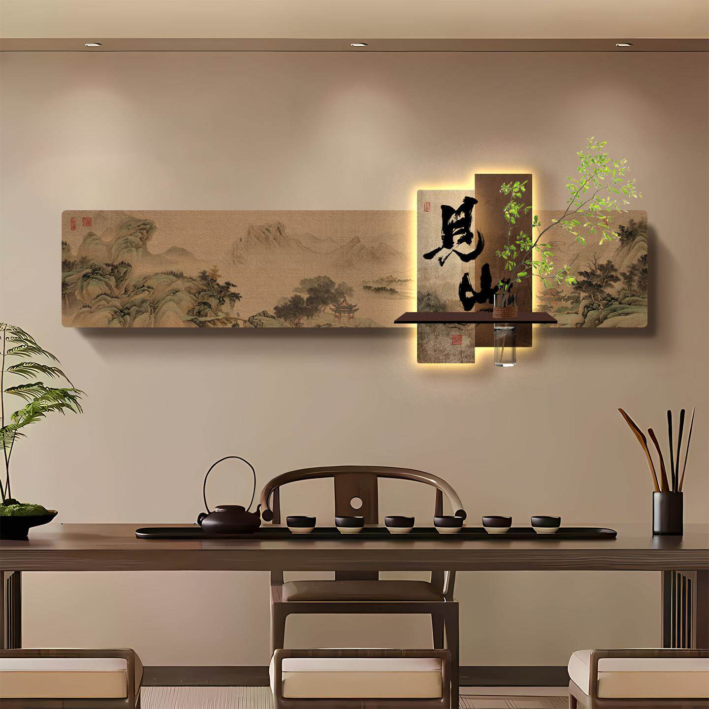墙面字画客厅装饰画茶室背景墙上挂画书房办公室宋代美学发光灯画