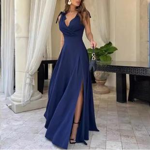 连衣裙女派对礼服晚装 v领纯色无袖 新款 速卖通亚马逊欧美2024夏季