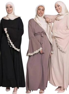 Splicing lace dress with flared sleeves and long skirt