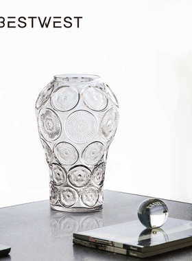 博西家居 简约圆形纹路透明水培玻璃花瓶摆件家居客厅装饰品花器