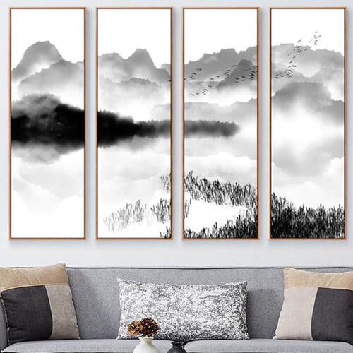 必画客厅装饰画新中式中国风水墨画四联山水画书房背景墙挂画禅意