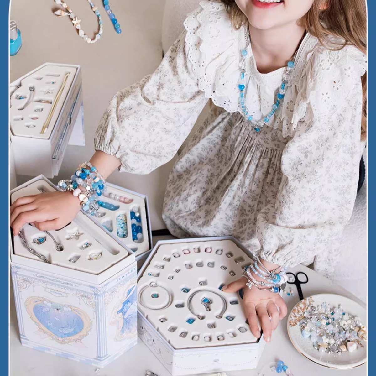 mobee海洋之心串珠礼盒套装女孩手工diy项链首饰女童生日礼物玩具
