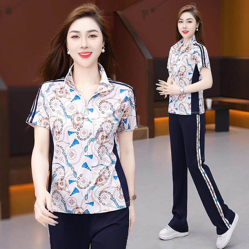 套装女夏季瘦新款时尚洋气妈妈显休闲短步袖89899040跑两啊件套
