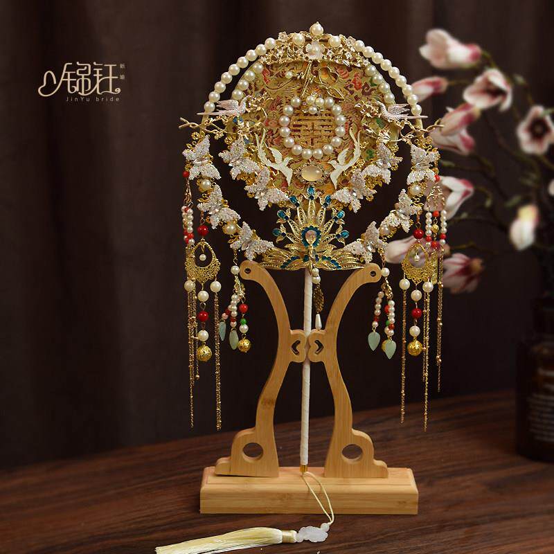 采购产品新娘的婚礼扇子,手持花扇子,重型手工古董金婚扇子,中