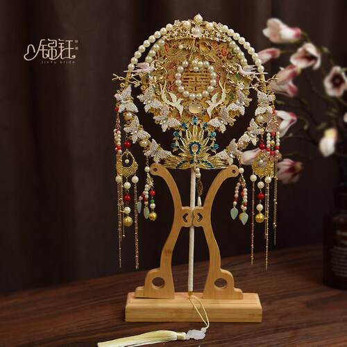 采购产品新娘的婚礼扇子，手持花扇子，重型手工古董金婚扇子，中