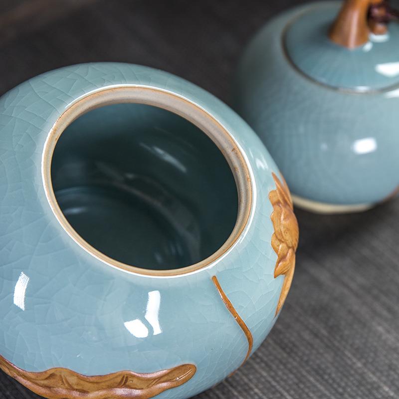 莲花哥哥窑茶叶窑茶叶罐陶瓷中号 葫茶礼叶包装芦盒密封储罐品L藏