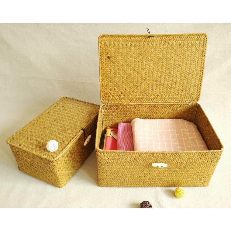 新款直销海草编织收纳盒卧室衣柜整理盒手工编制竹筐客厅食品收纳