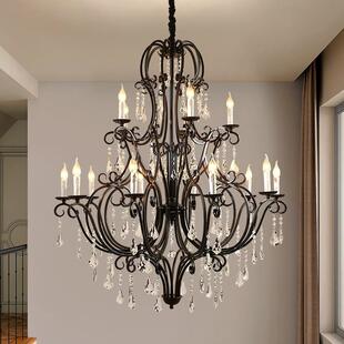 吊灯别墅挑空大复式 楼黑色复古客厅主灯水晶楼梯灯家居