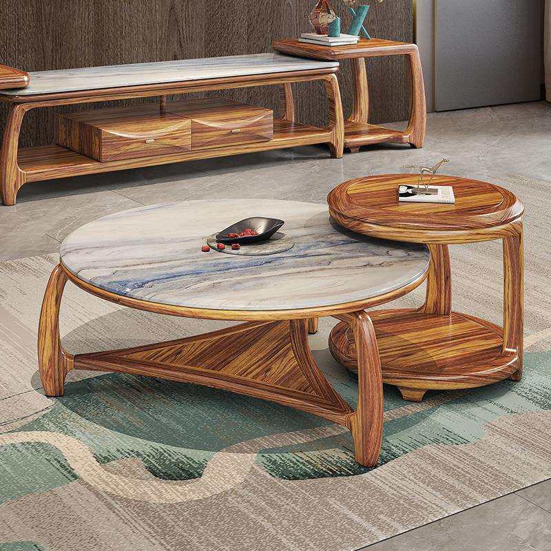 新中式乌金木大小圆形茶几家用客厅大理石台面实木茶几电视柜组合