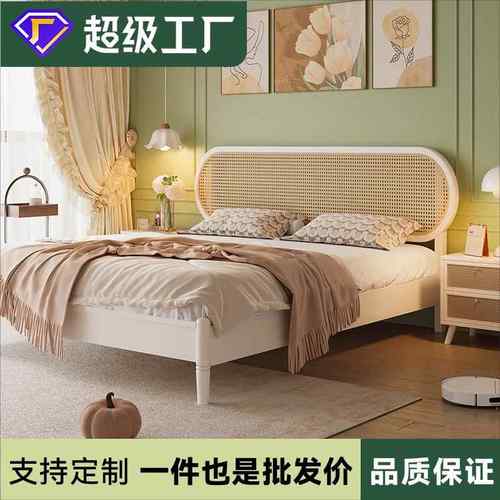 法式奶油风实木藤编床现代简约卧室田园风白色1.8m双人名民宿藤床